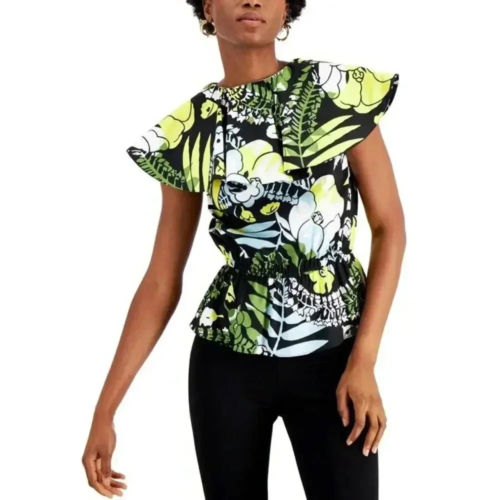 INC‎ Women's Wide-Collar Cinched-Waist Top Floral Abstract (M, Midi Maesie)